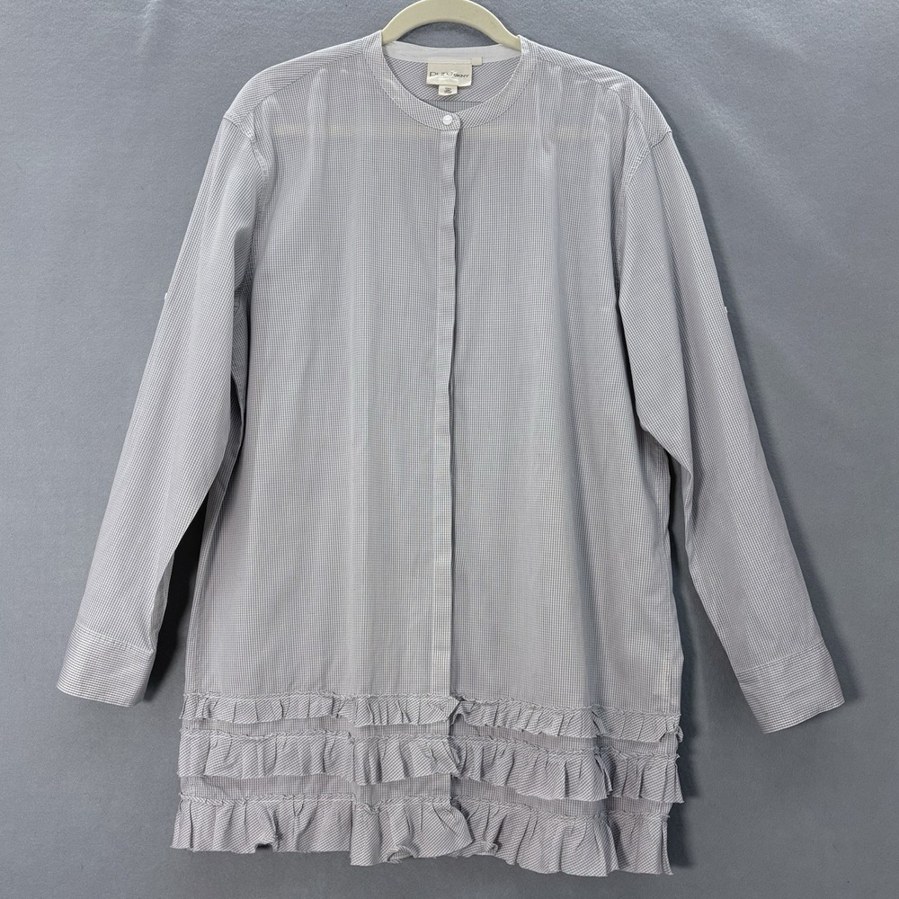 Pure DKNY Tunic Top Large Gray White Gingham‎ Ruffle Hem Roll Tab Sleeves Preppy